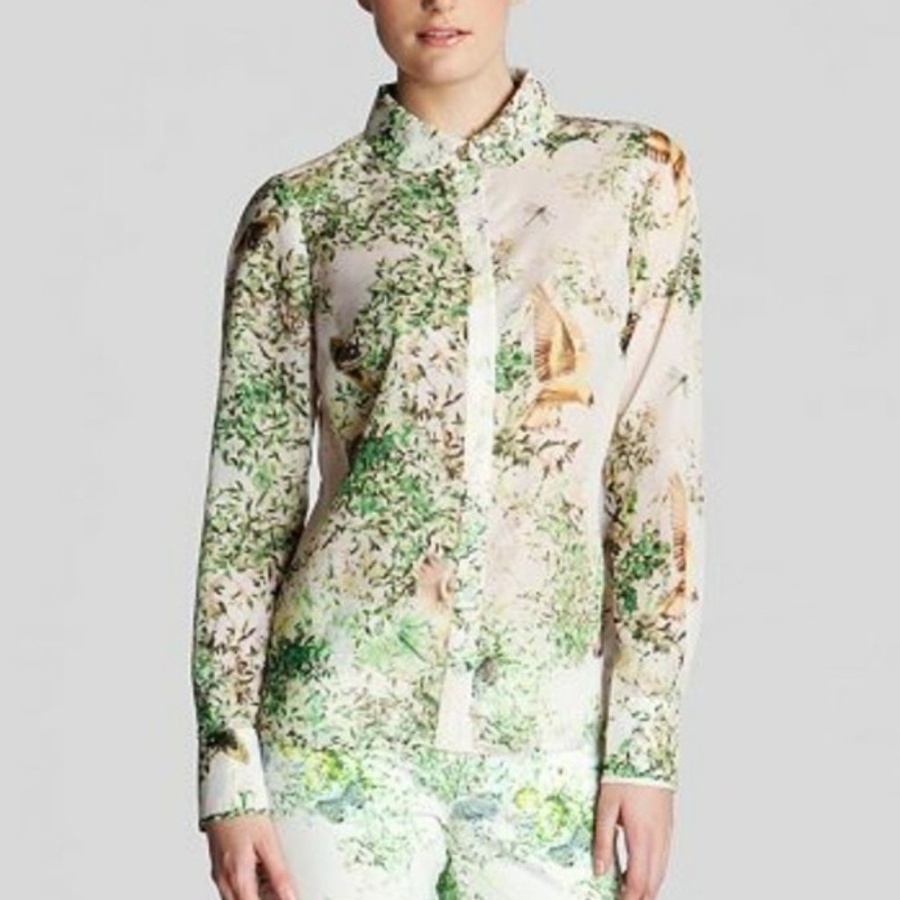 TED BAKER White Birds Nature Button Front Shirt SMALL Contemporary Resort